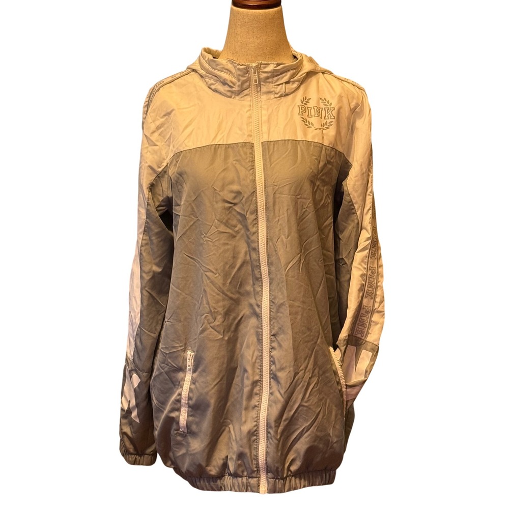 PINK Victoria's Secret White Gray Colorblock Hooded‎ Windbreaker Jacket XS/S